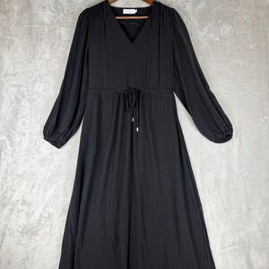MAYE Black V-Neck Long‎ Sleeve Drawstring Waist Midi Dress Small Pockets Slits